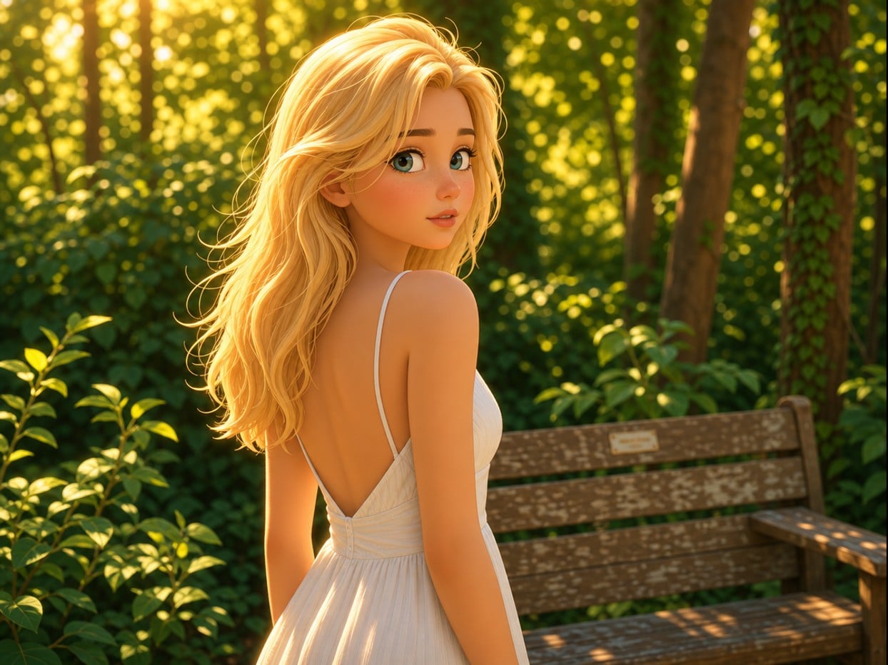 A golden haired girl sideback picture after converting to anime
