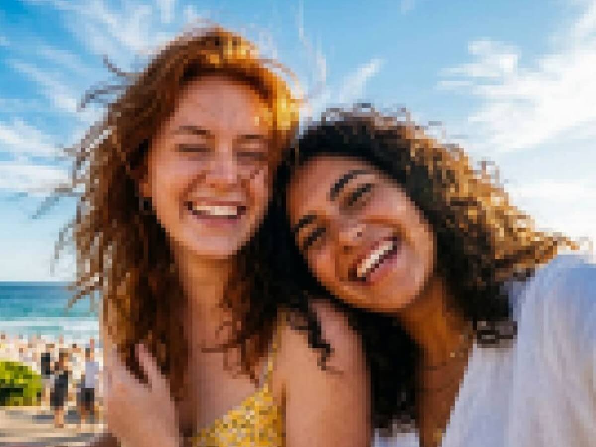 A pixelated photo of two girls posing together