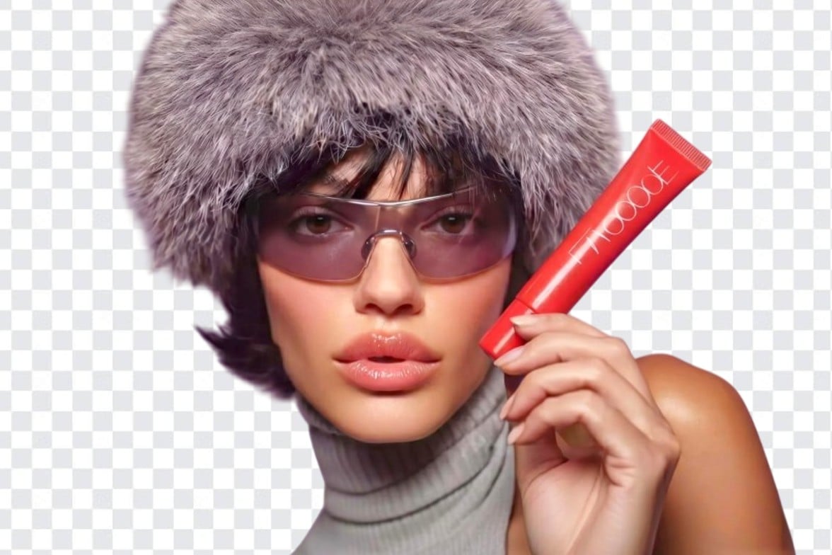 A transparent PNG image showing a female model holding a skincare product