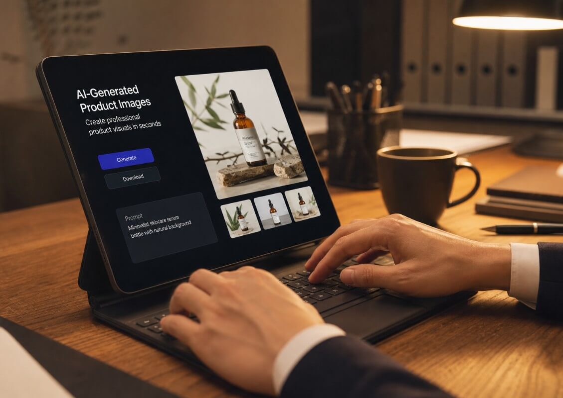 Hands typing on a tablet displaying using Fotor AI tools