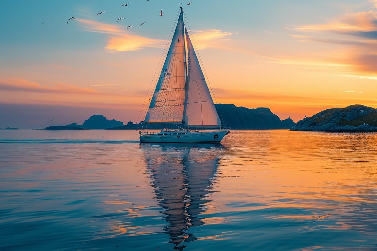 Before image showing a sailboat sails at sunset over calm water
