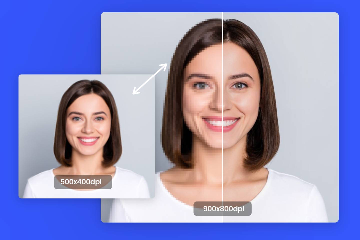 Comparación de fotos de mujeres antes y después de la mejora con un escalador de imágenes 4k