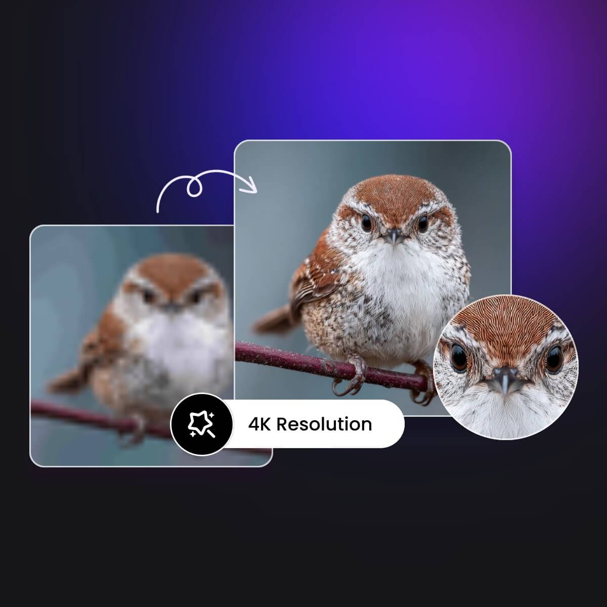 before and after comparison showing a blurry video enhanced to clear 4K resolution