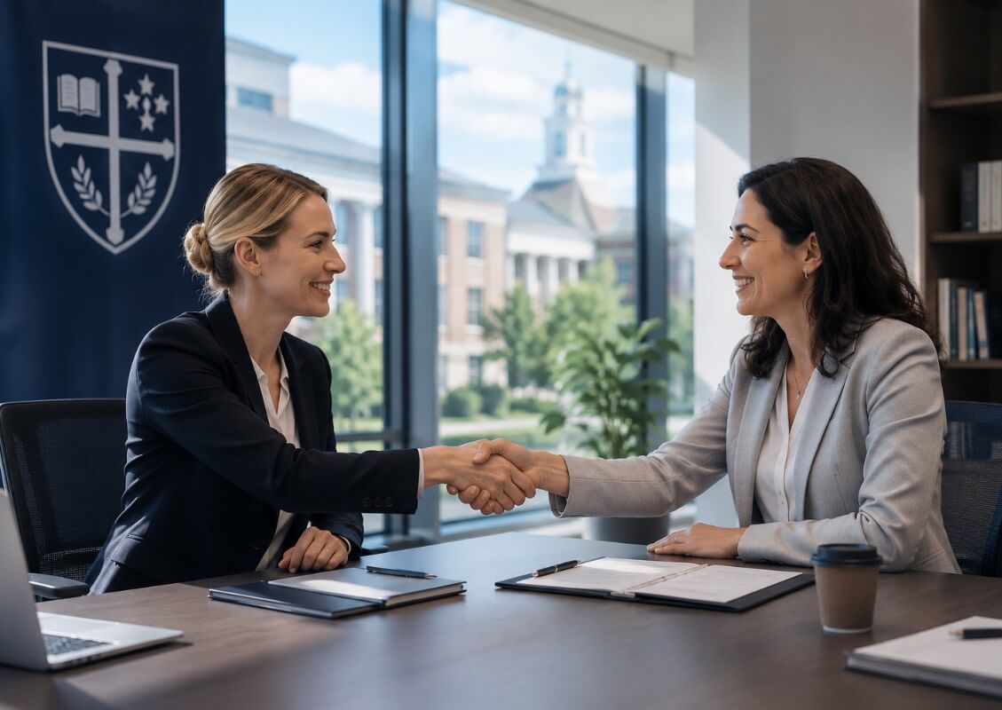 two professionals shaking hands in a university meeting room