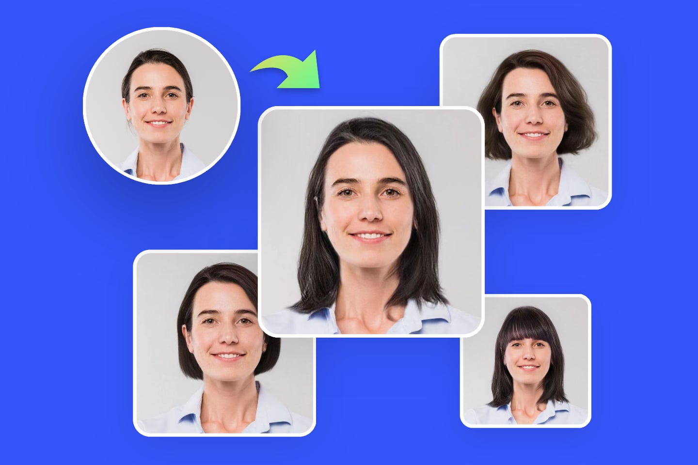 Utilice el cambiador de peinados en línea de Fotors para cambiar el peinado femenino en cuatro peinados diferentes