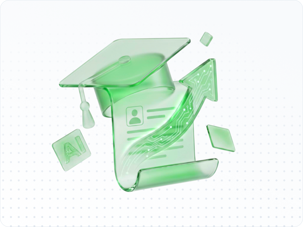 3D green glass graduation cap and diploma floating with abstract elements