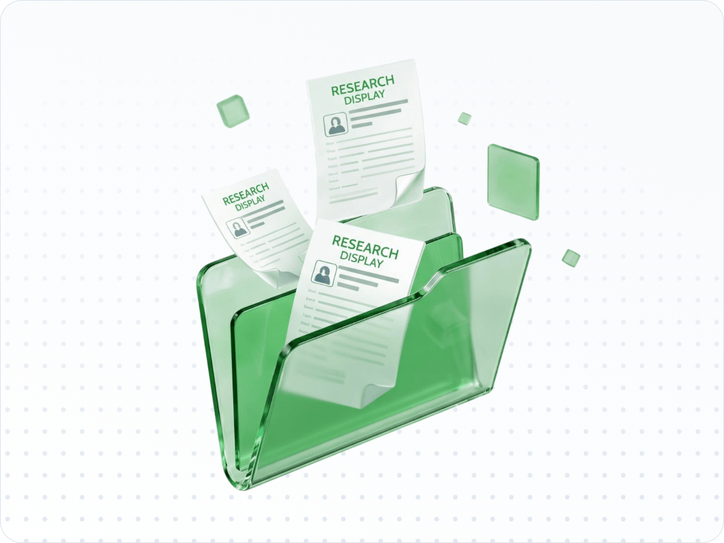 3D green glass document folder with research papers floating around it